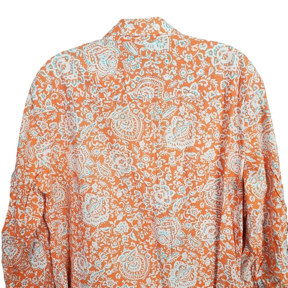 JNY Signature Sz XL Blouse Button Front Floral Roll Tab Cotton Side Vents Orange - Picture 5 of 14